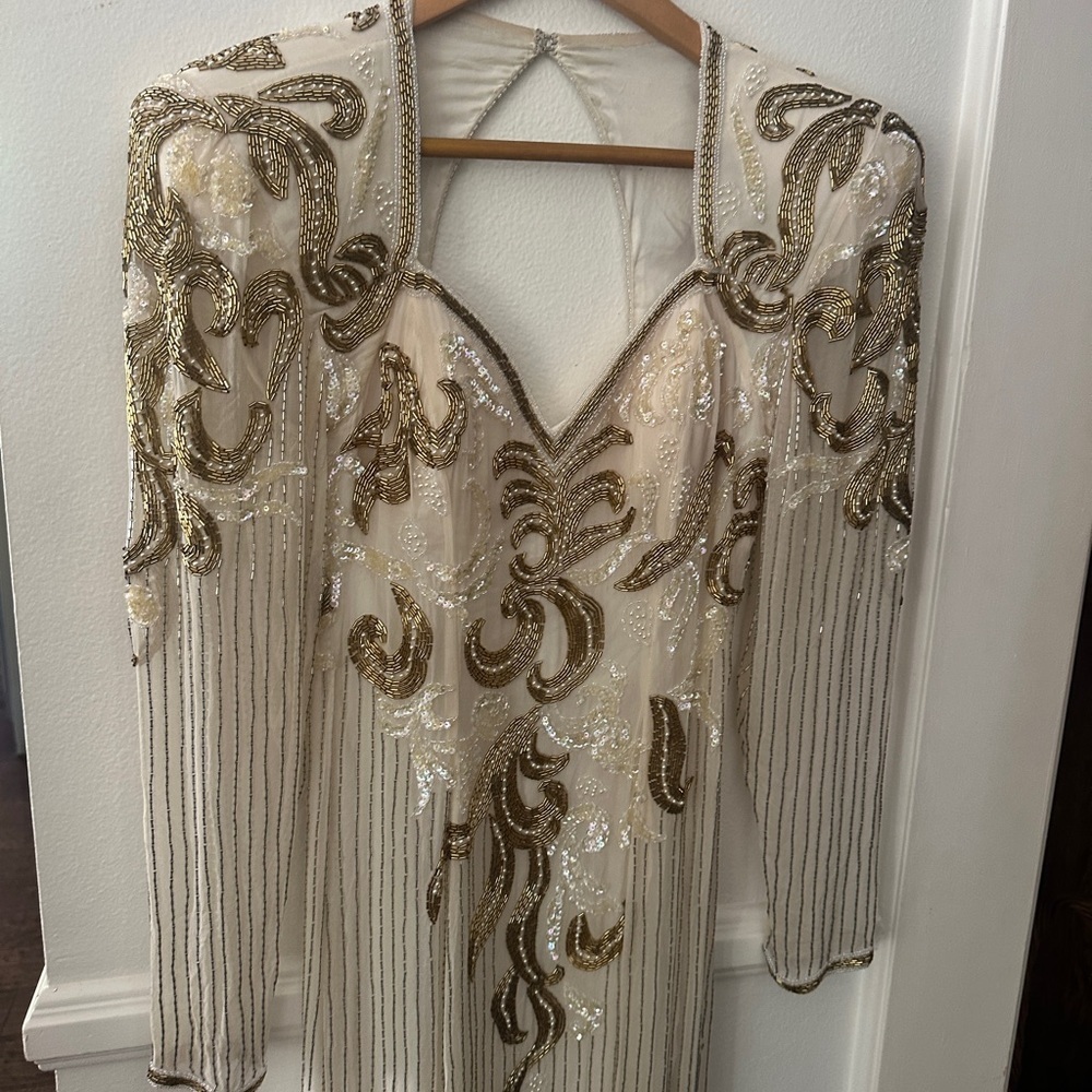Vintage Alyce Designs Silk White and Gold Beaded Gown - Picture 2 of 13